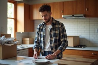 Homme emballant des assiettes dans une cuisine en déménagement