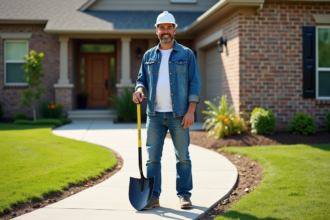 Homme souriant avec pelle devant un chemin en béton autour d'une maison moderne