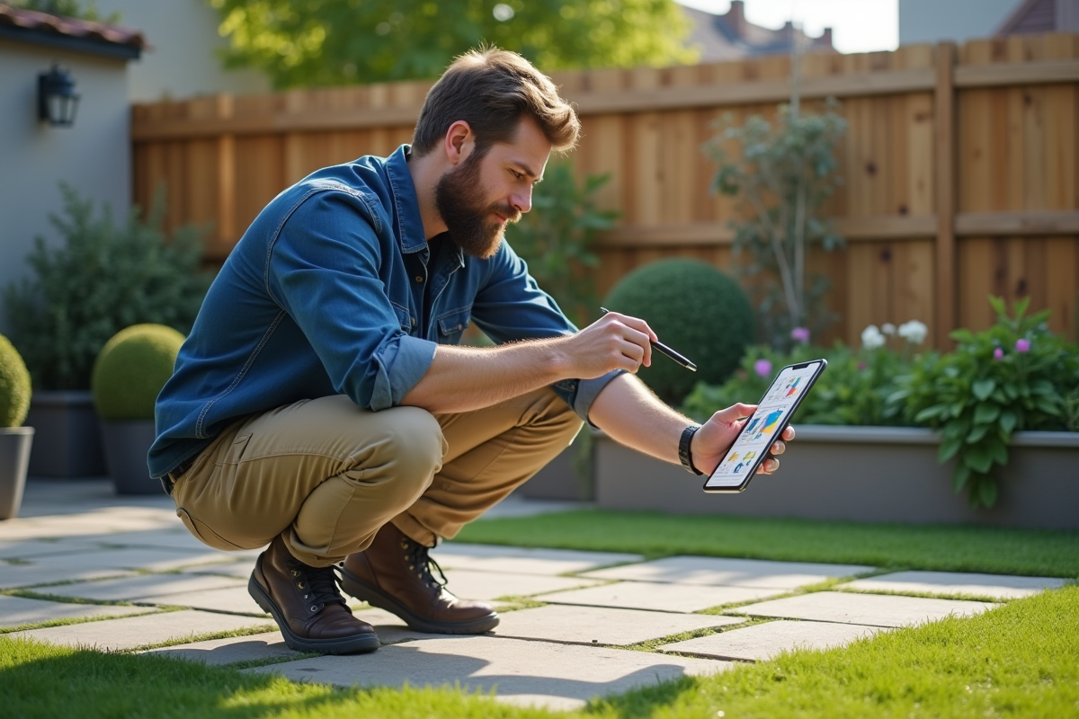 Homme avec tablette ajustant un jardin en extérieur