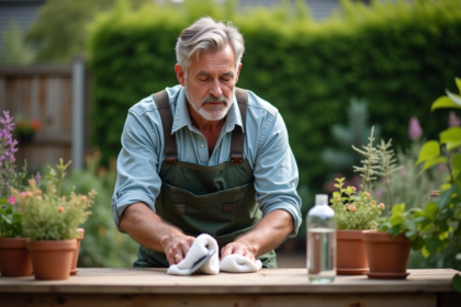 Homme en vêtements de jardinage nettoyant un outil avec alcool