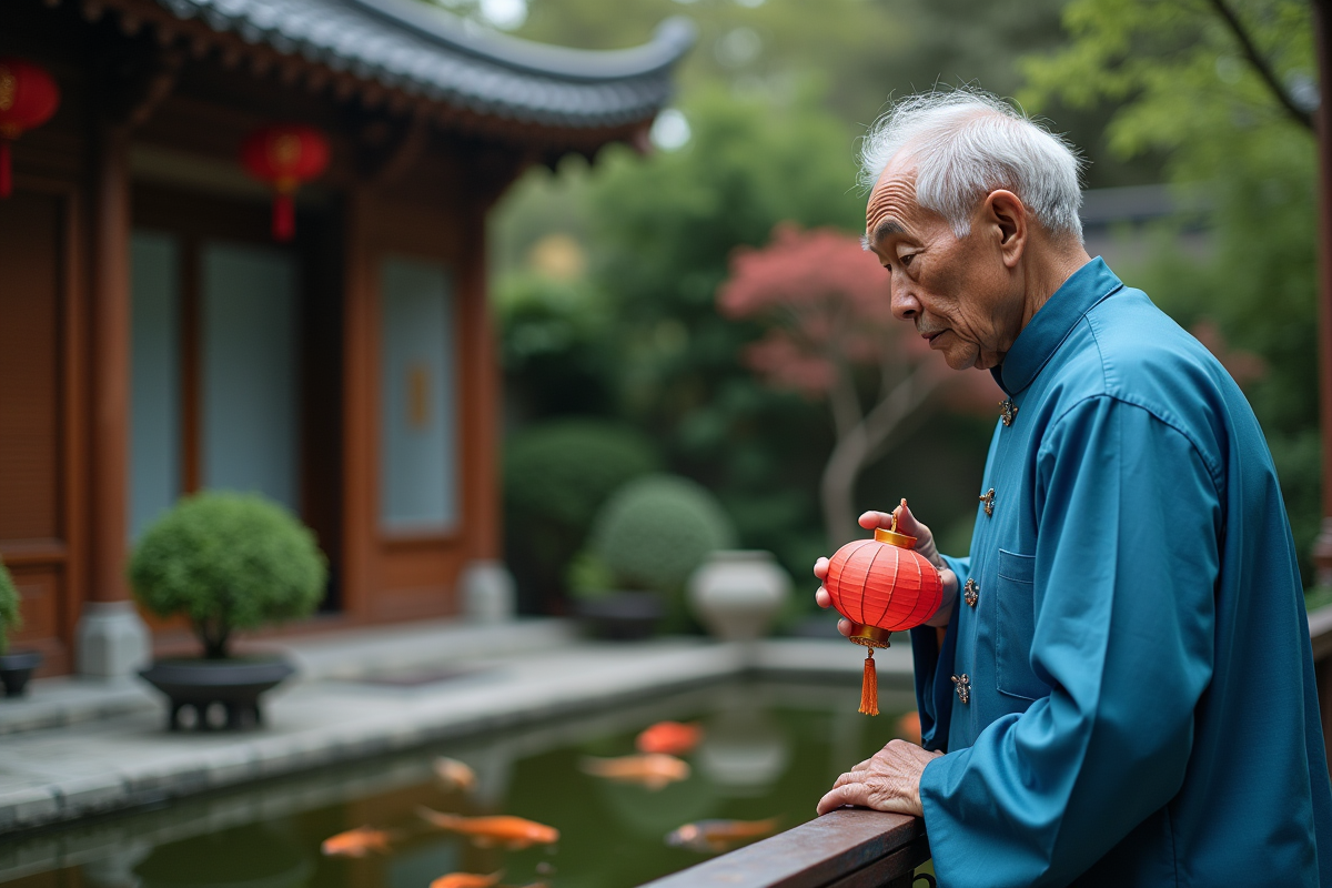 Homme âgé avec lanterne rouge près d’un bassin de koi dans le jardin