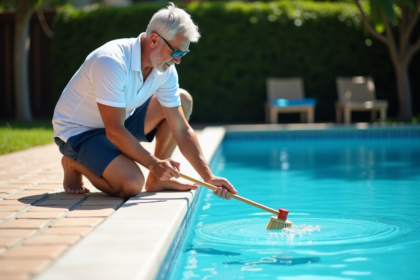 Homme d'âge moyen nettoyant le bord de la piscine