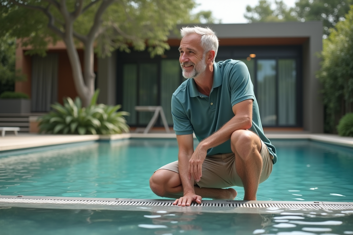 Homme d'âge moyen près d'une piscine moderne extérieure