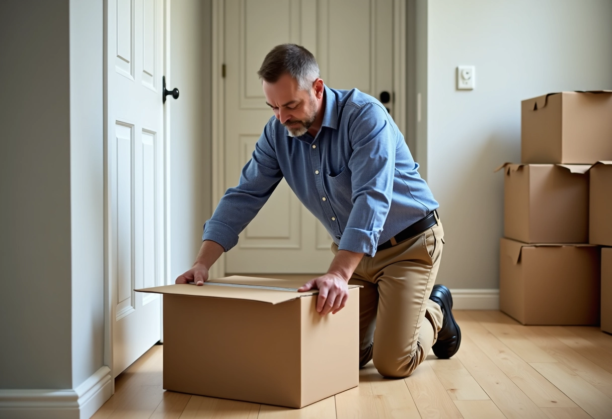 Homme plissant une boîte de déménagement dans un couloir
