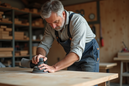 Homme d'âge moyen ponçant un plateau en bois dans un atelier