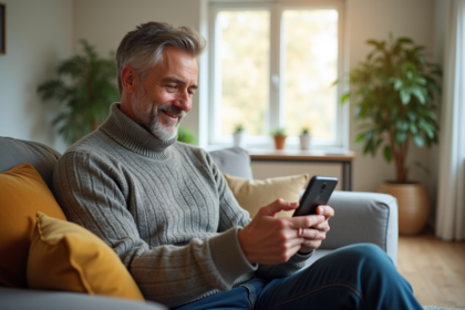 Homme d'âge moyen programment un thermostat connecté dans un salon chaleureux