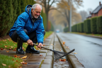 Homme d'âge moyen en veste bleue ramassant des feuilles mortes
