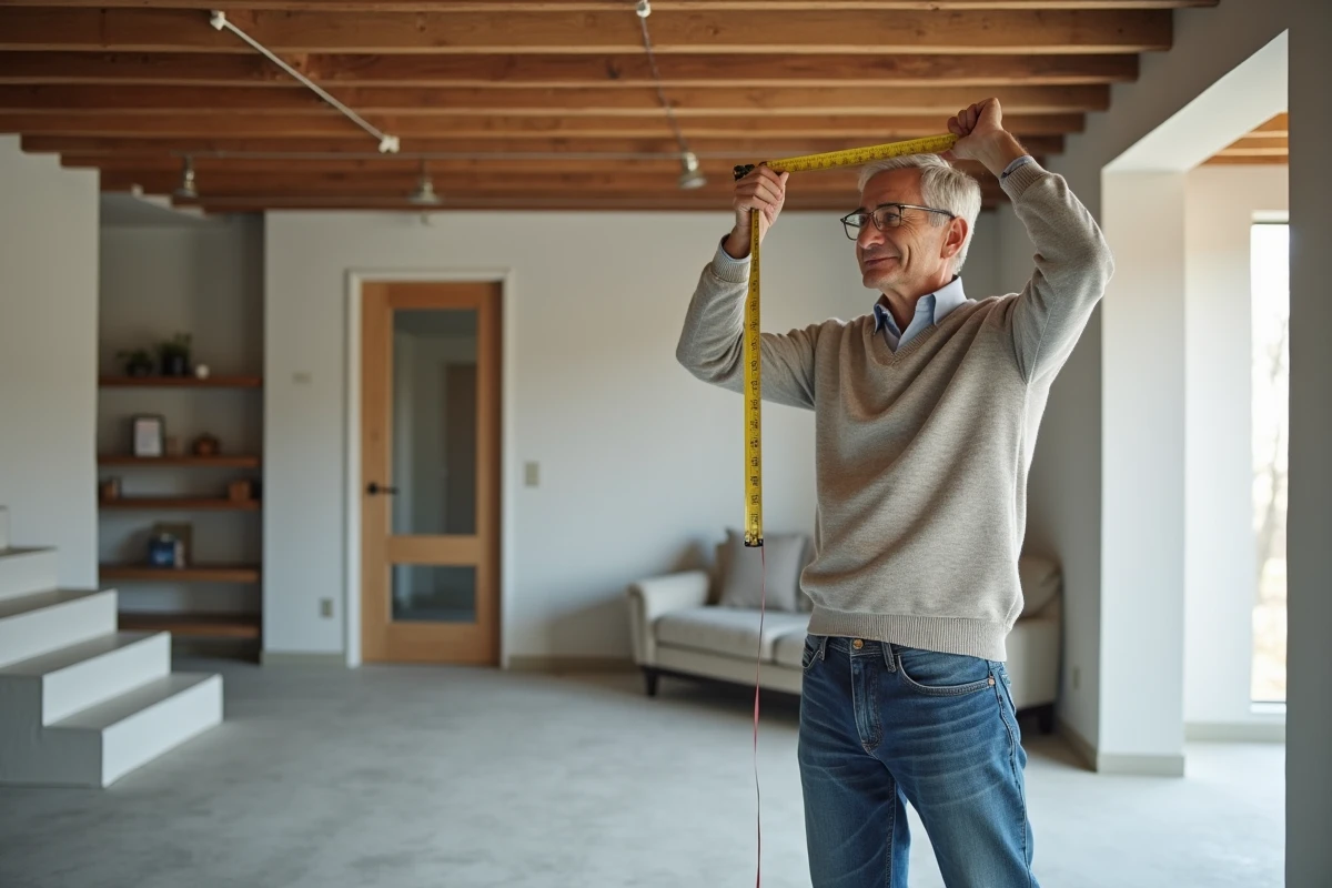 Homme mesurant la hauteur du plafond dans une salle de sous-sol rénovée