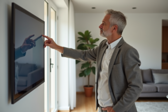 Homme d'âge moyen utilisant une tablette dans un salon moderne