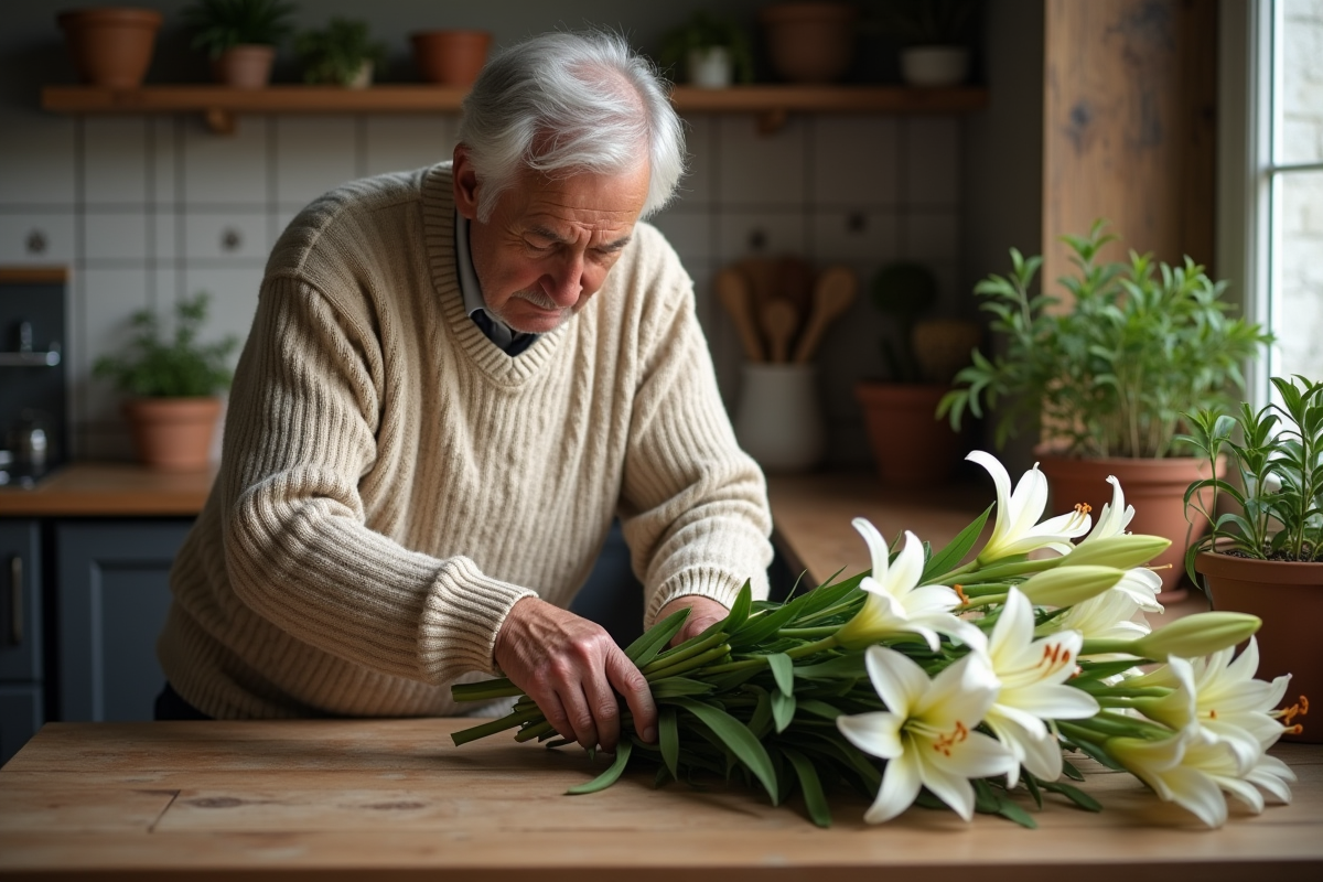 Homme âgé taillant des lys dans un bouquet sur une table en bois