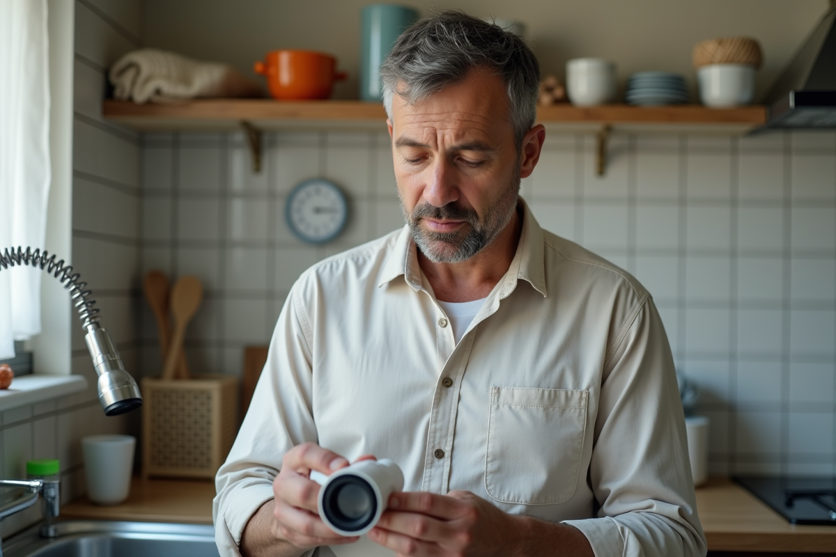Homme inspectant un filtre dans une cuisine familiale