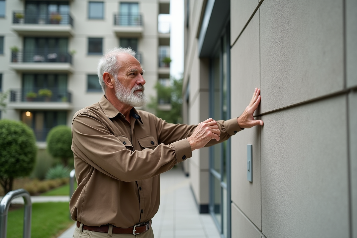 Homme âgé inspectant un mur en fibre ciment naturel en ville