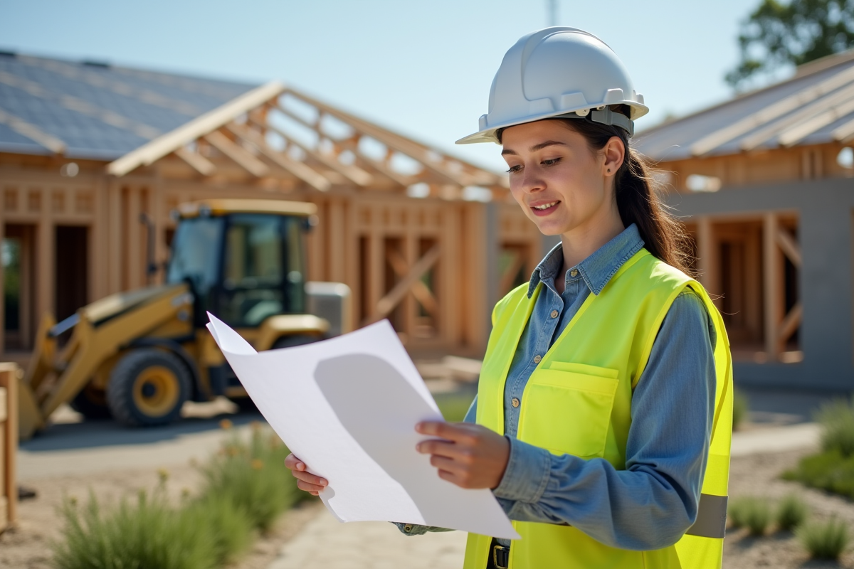 Ingénieure en sécurité vérifie des plans numériques sur site