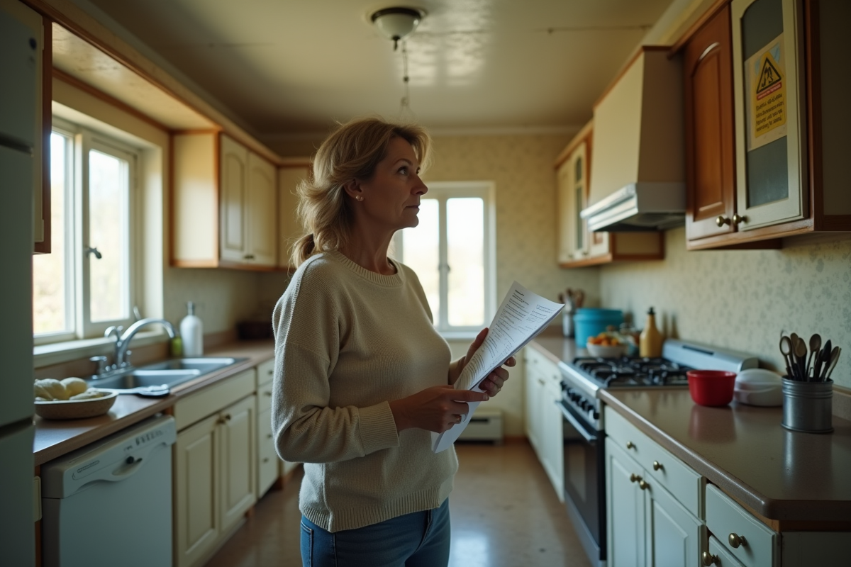 Femme inspectant une cuisine ancienne et usée