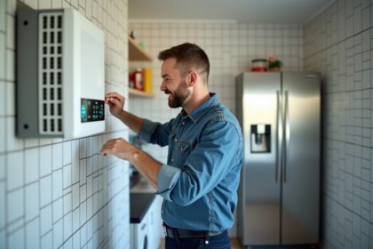Homme inspectant un ventilateur dans une maison moderne