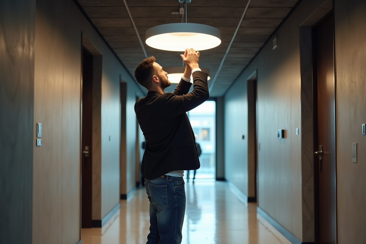 Jeune homme installant un luminaire dans un couloir de bureau contemporain