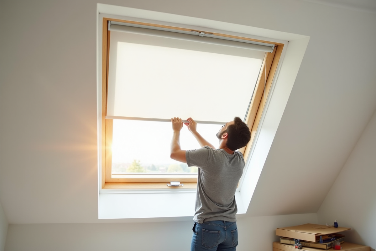 Personne installant un volet Velux GGL M04 dans un grenier lumineux