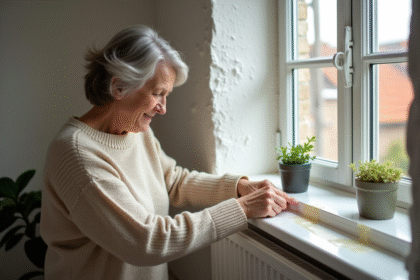 Femme appliquant du ruban isolant sur une fenêtre
