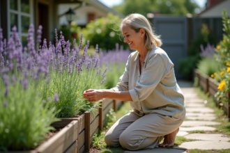 Femme en lin dans un jardin de lavande en plein air