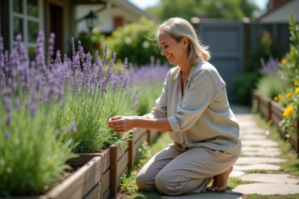 Femme en lin dans un jardin de lavande en plein air