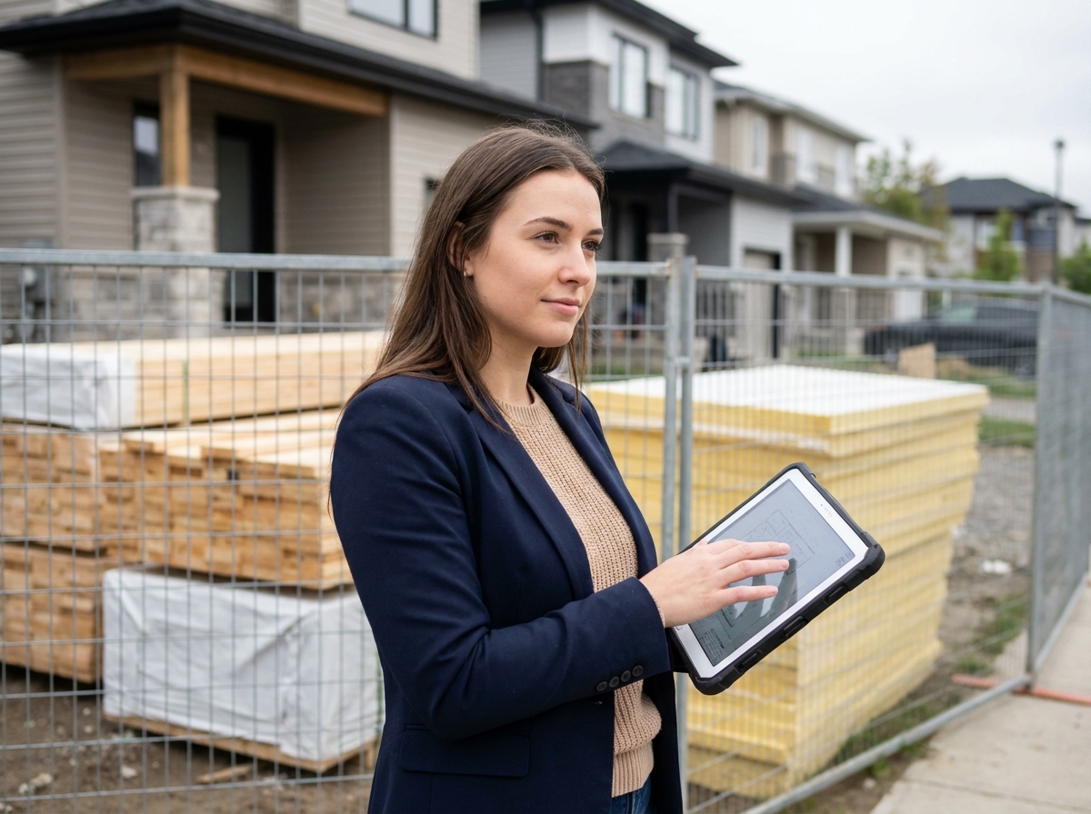 Jeune architecte vérifiant des travaux avec tablette devant maison moderne