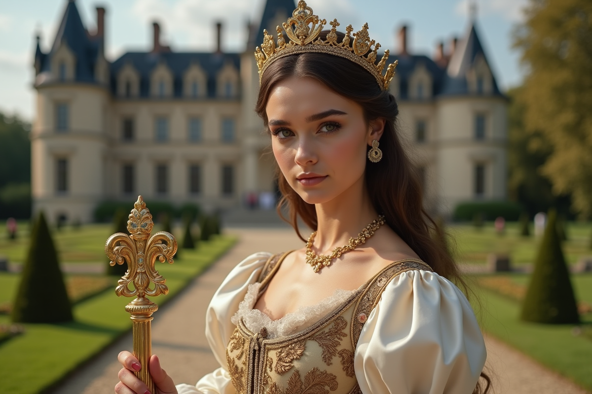 Jeune femme en tenue royale avec sceptre devant un château
