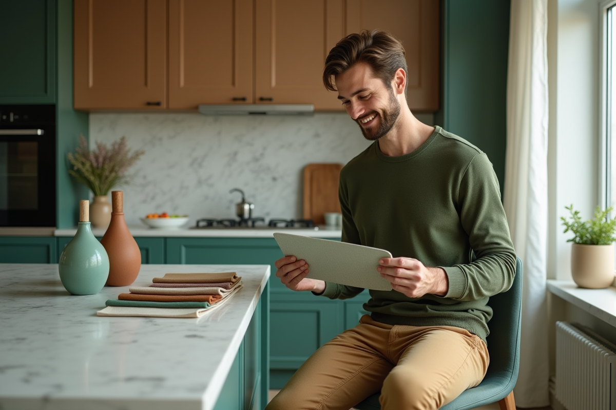 Jeune homme choisissant des échantillons de tissu