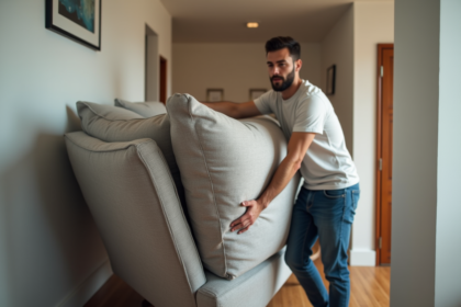 Jeune homme concentré déplaçant un canapé dans un appartement moderne