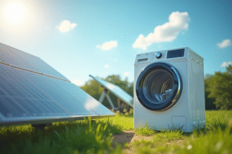 Machine à laver moderne avec panneaux solaires en extérieur