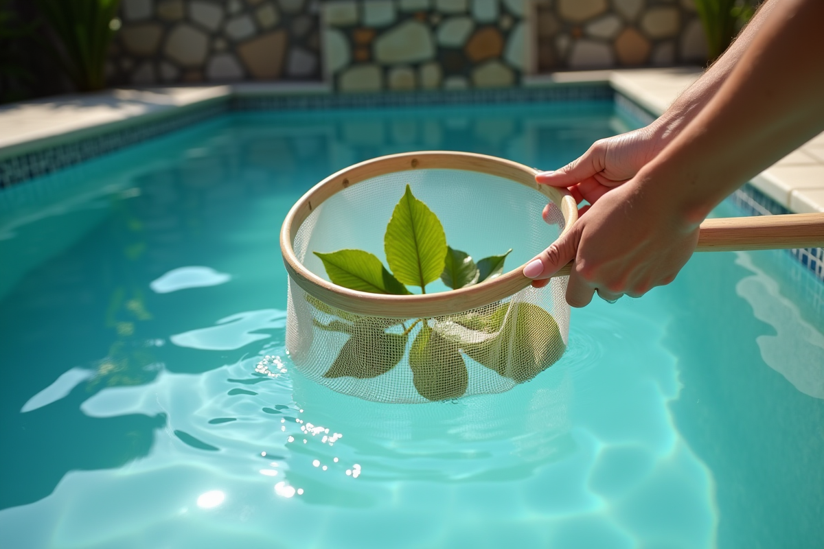 Main utilisant un filet pour nettoyer une piscine naturelle