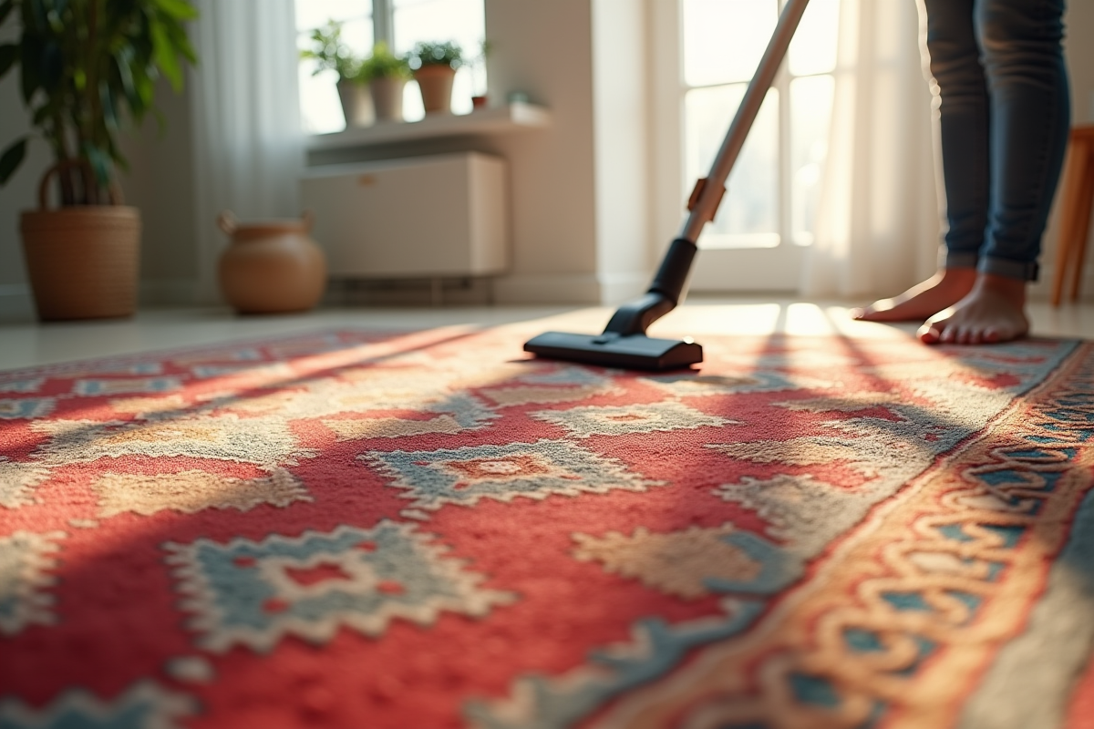 Mains aspirant tapis berbere dans une maison lumineuse
