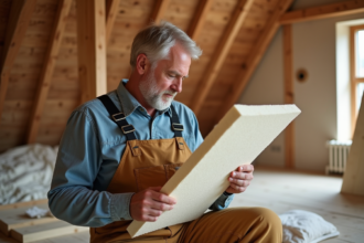 Homme en tenue de chantier examine deux isolants R7