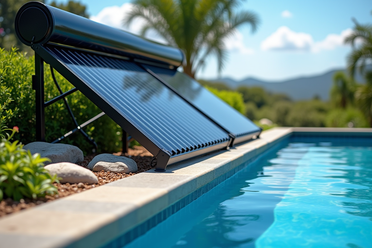 Panneaux solaires noirs près de la piscine avec eau bleue