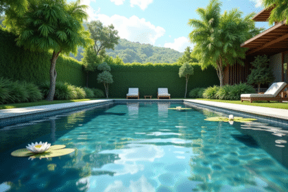 Piscine naturelle dans un jardin verdoyant reflet du ciel
