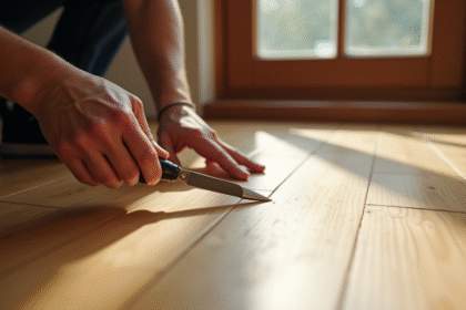 Personne utilisant une spatule pour réparer des rayures sur parquet