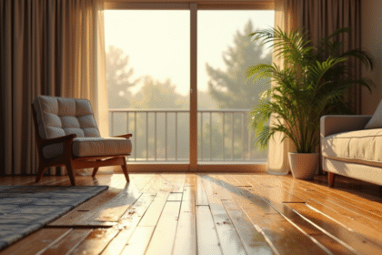 Salon moderne avec sol en bambou endommagé par l'eau