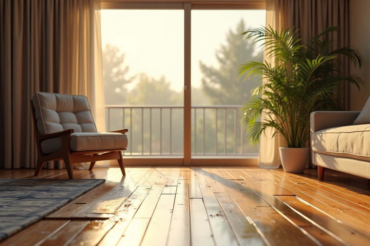 Salon moderne avec sol en bambou endommagé par l'eau