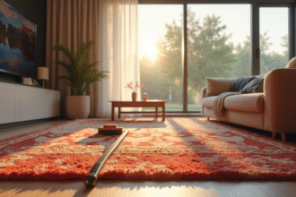 Salon moderne avec tapis berbere coloré nettoyé avec brosse
