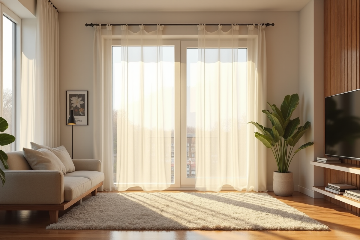 Salon moderne avec une moustiquaire neuve et lumineuse