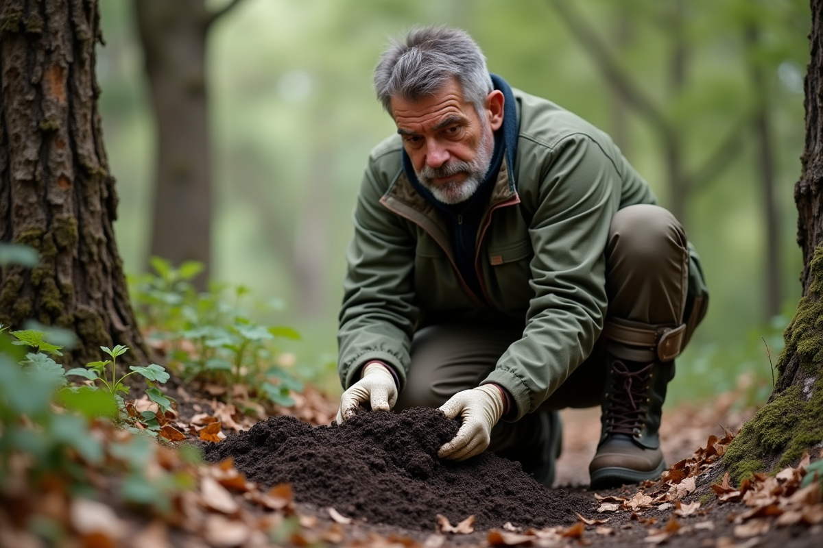 Scientifique homme examine sol près chêne-liège en forêt