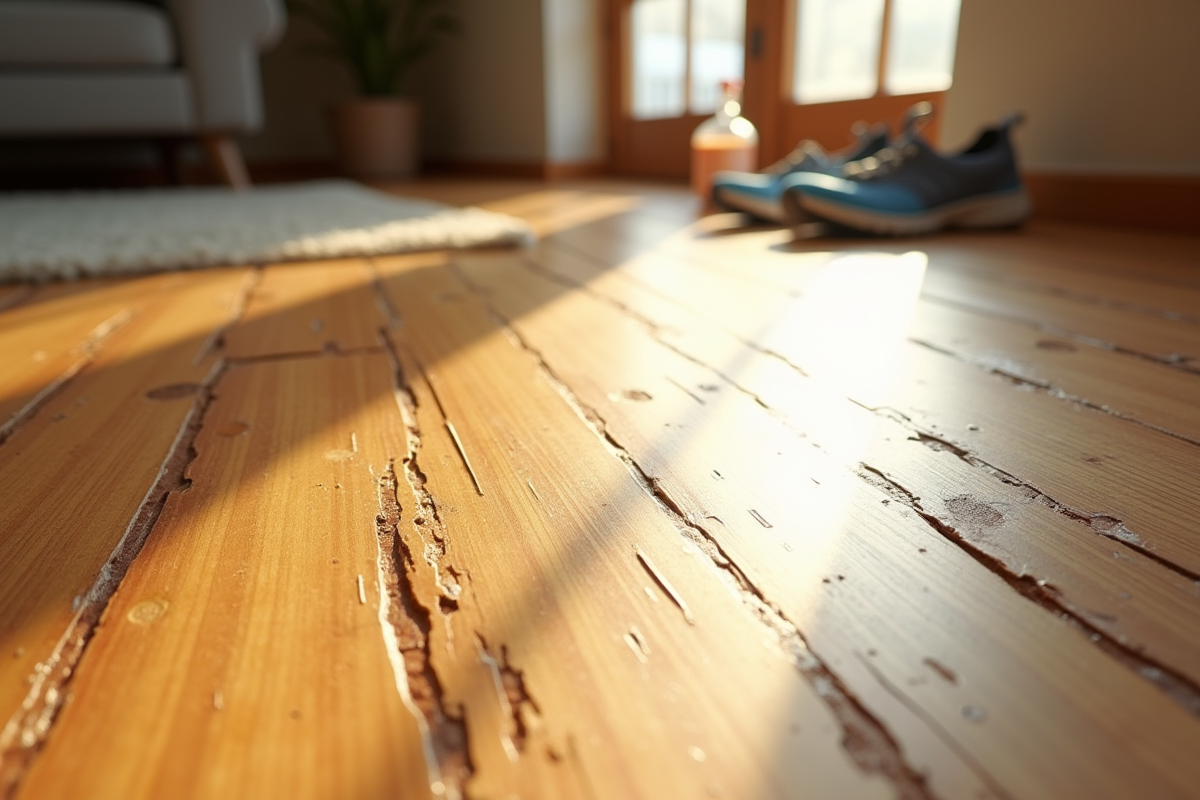 Détail du sol en bambou rayé avec chaussures et produits de nettoyage