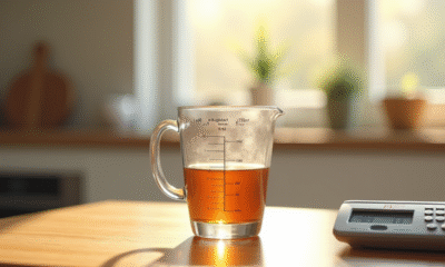 Verre mesure 400 ml sur plan de travail en bois lumineux