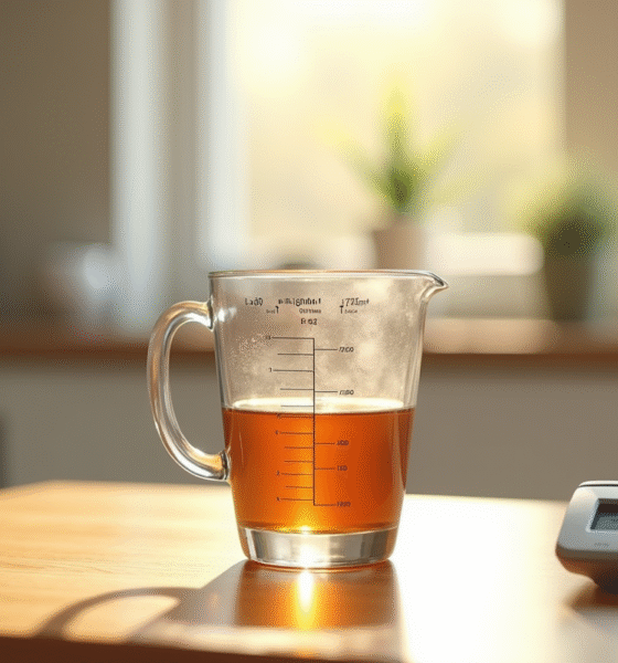 Verre mesure 400 ml sur plan de travail en bois lumineux