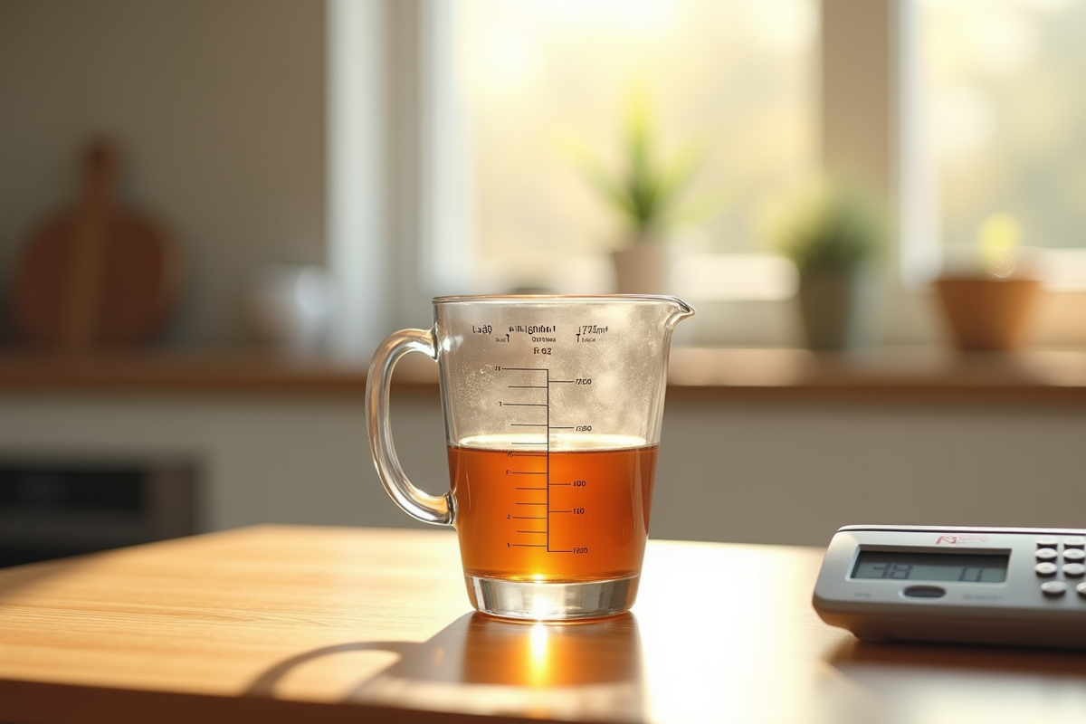 Verre mesure 400 ml sur plan de travail en bois lumineux